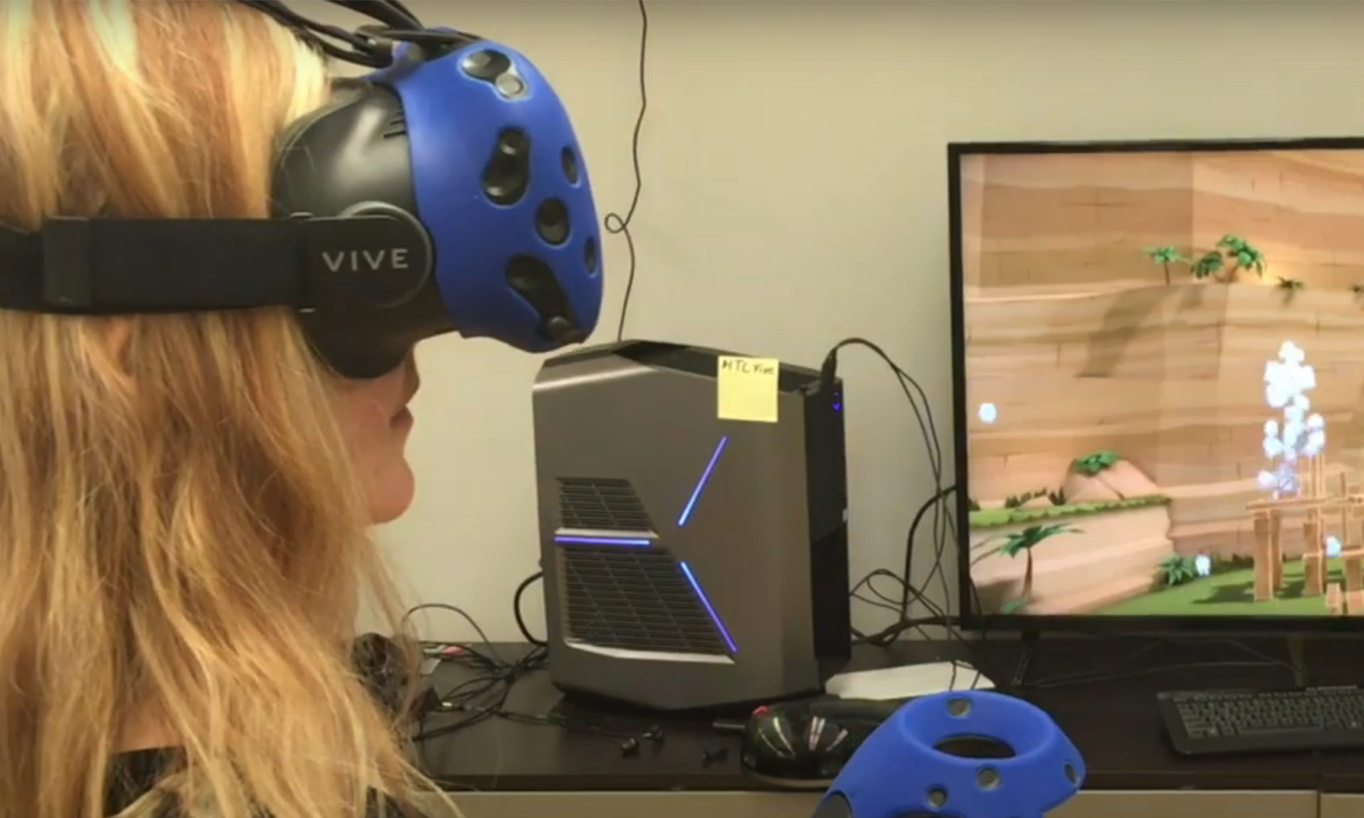 A women using a virtual reality headset.