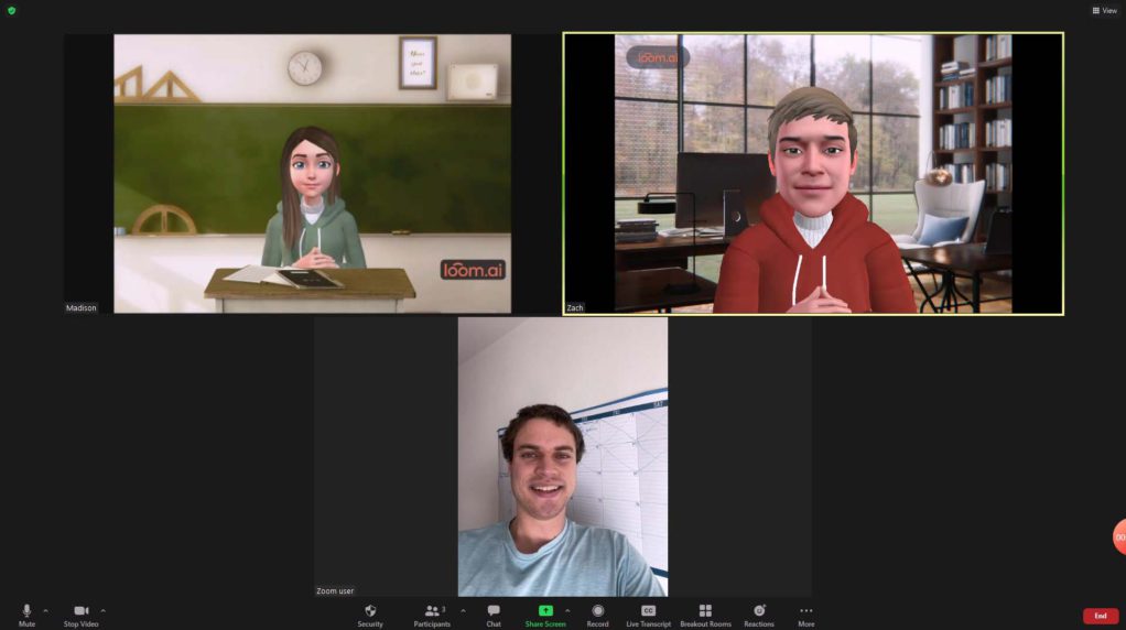 A video call displaying a discussion between two virtual avatars and a person.