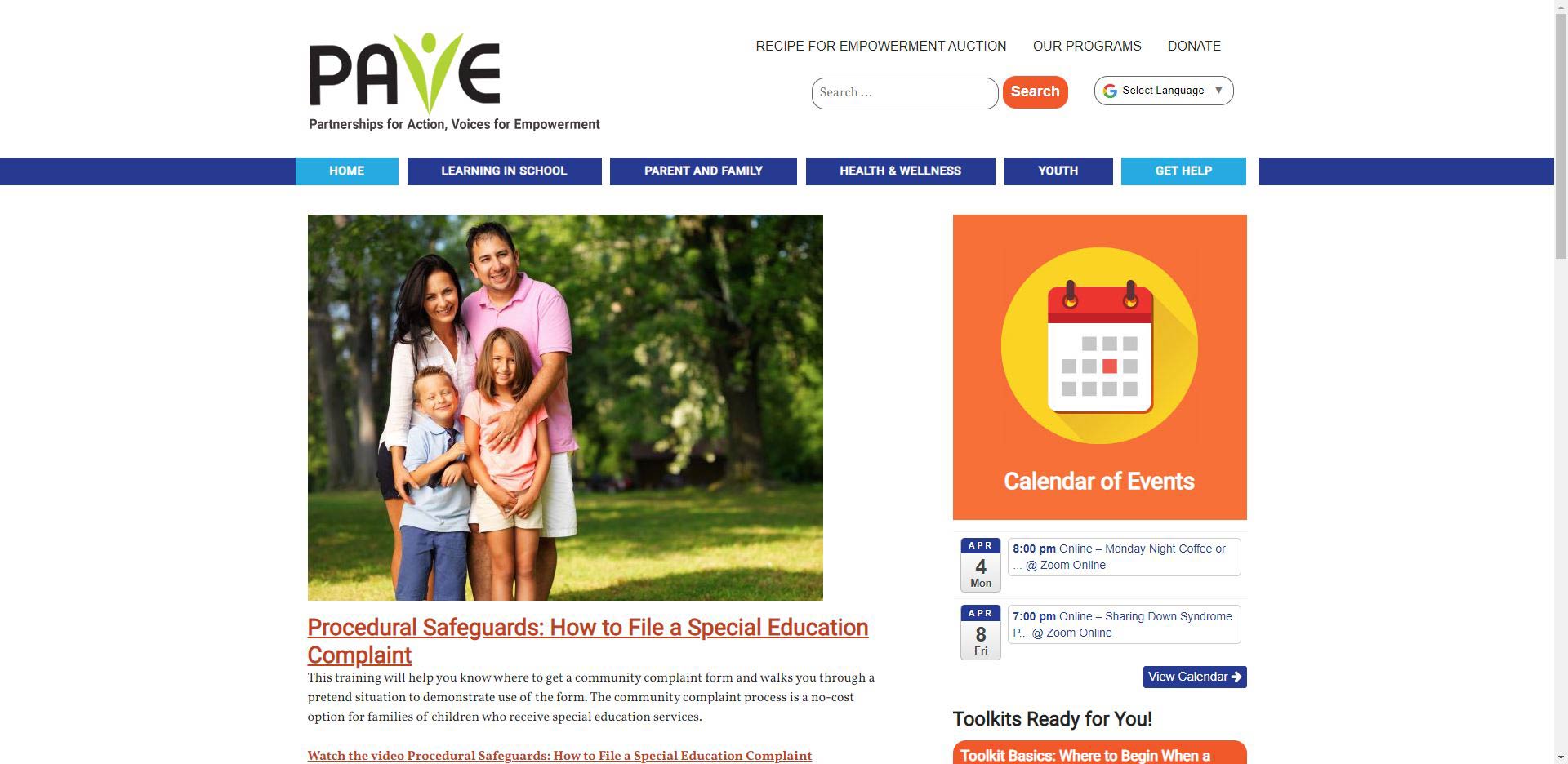 Home page of the PAVE website.